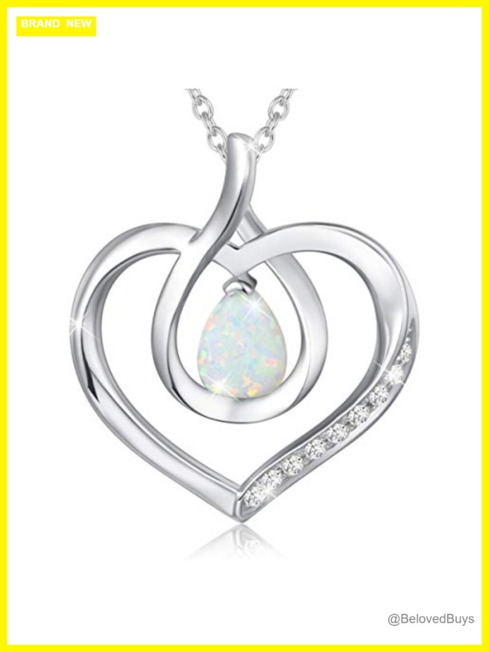 Sterling Silver White Gold Plated Opal Heart Pendant Necklace Adjustable
